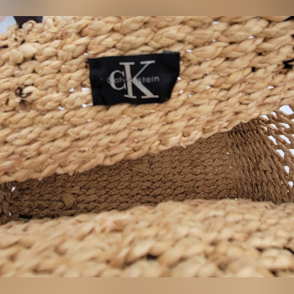 Calvin Klein Straw Woven Tan Tote Bag 5 leather trim - Picture 3 of 7